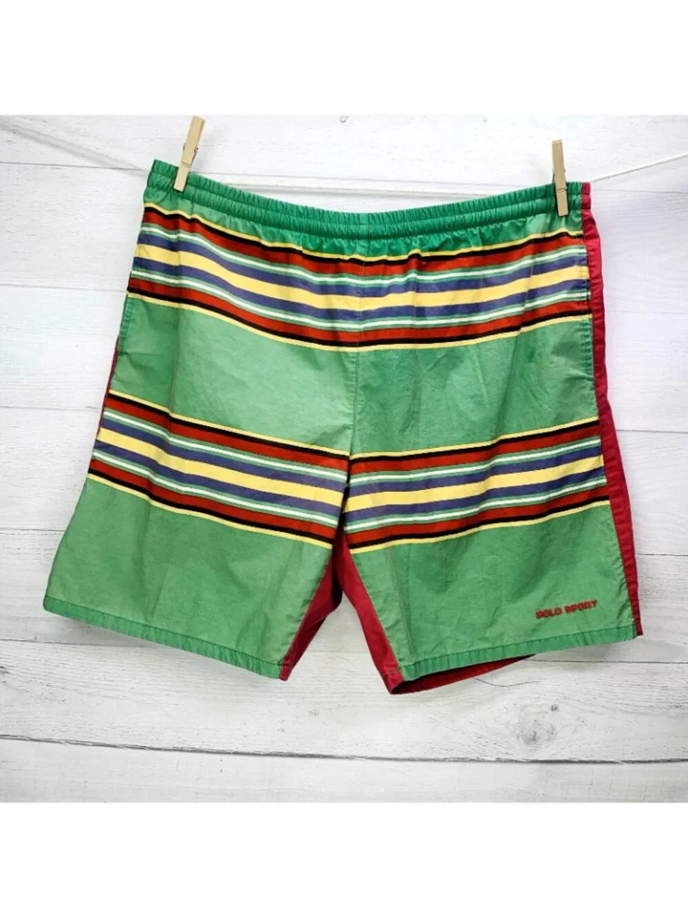 VTG Ralph Lauren Polo Sport Mens Swim Trunks Red Green Yellow Stripe Size XL
